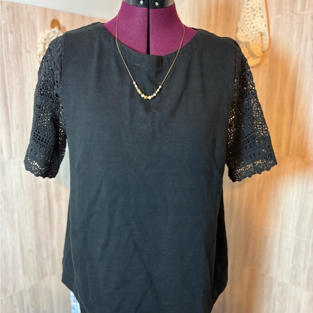 J Jill Black Crochet Sleeve Blouse Top T-Shirt